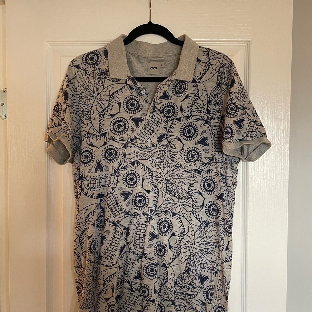 ASOS grey/ blue skull design polo shirt